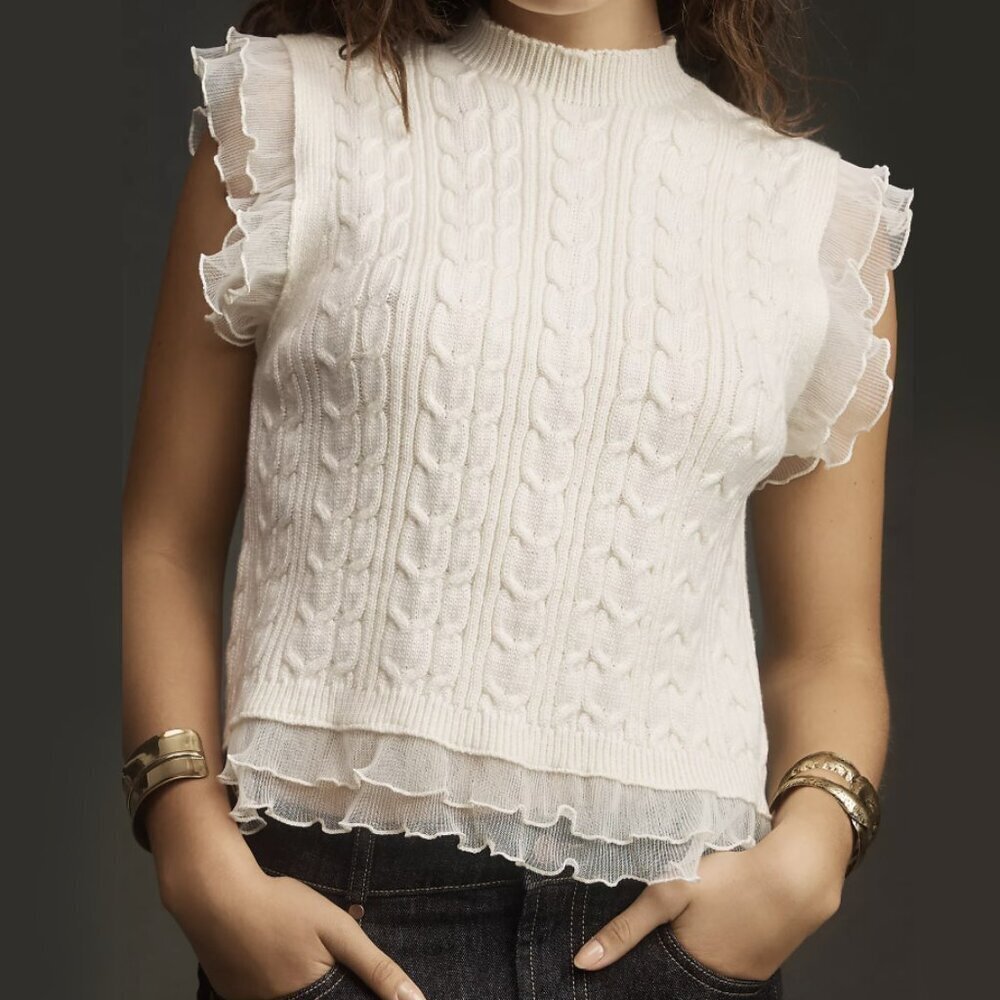 BiBi Contrast Cable Ruffle Sweater Tank - Picture 3 of 10